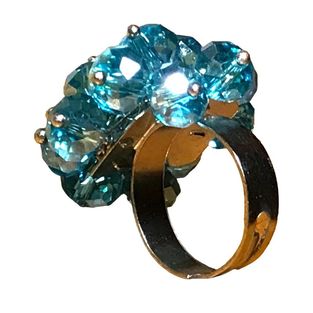 Vintage Aqua Blue Faceted AB Crystal Bead Cluster Cocktail Ring Adjustable - Picture 9 of 10